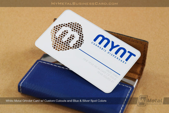 My Metal Business Card | White Metal Grinder Card Custom Cutouts Blue Silver Spot Color Mynt