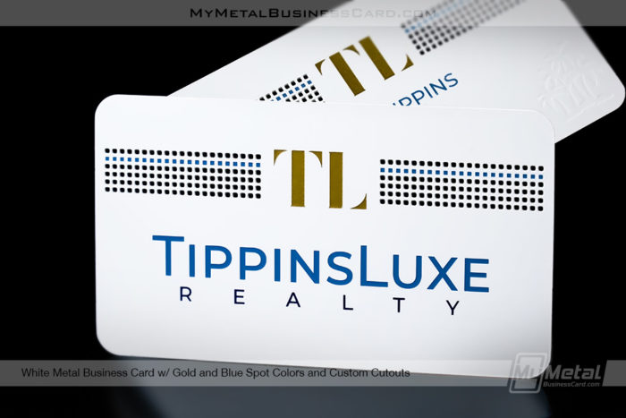 My Metal Business Card | White Metal Luxury Realty Business Card With Gold And Blue Spot Colors