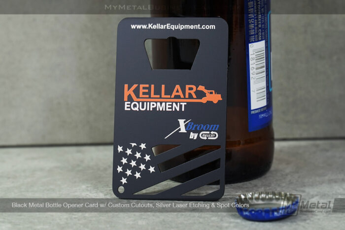 My Metal Business Card | Black Metal Bottle Opener Card Custom Cutouts Silver Laser Etching Spot Colors Kellar