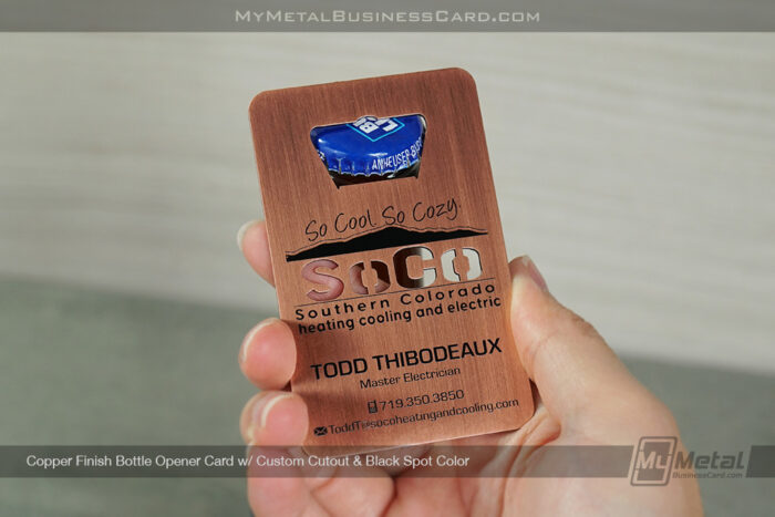 My Metal Business Card | Copper Finish Bottle Opener Card Custom Cutout Black Spot Color Soco