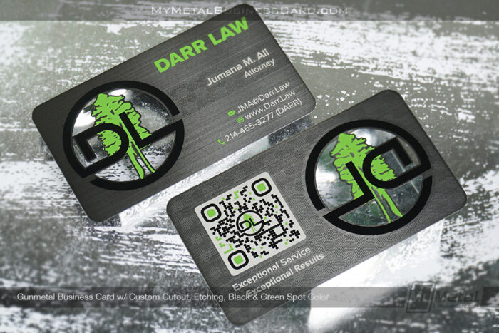 My Metal Business Card | Gunmetal Business Card Custom Cutout Etching Black Green Spot Color Qr Darr