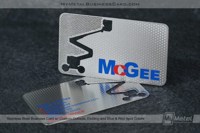 My Metal Business Card | Stainless Steel Business Card Custom Cutouts Etching Blue Red Spot Colors Mcgee