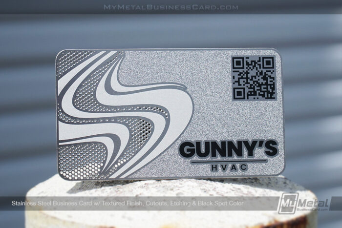 My Metal Business Card | Stainless Steel Business Card Textured Finish Cutouts Etching Black Spot Color Qr Code Gunny