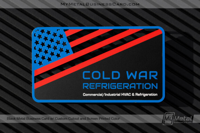 Black-Metal-Business-Card-Custom-Cutout-Screen-Printed-Color-Cold-War-Refrigeration