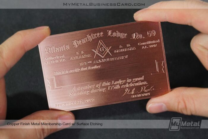 copper finish metal membership card surface etching