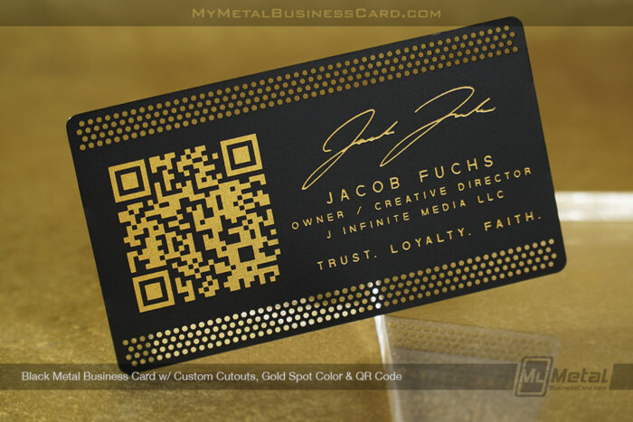My Metal Business Card | Black Metal Business Card Custom Cutouts Gold Spot Color QR Code Jacob 1