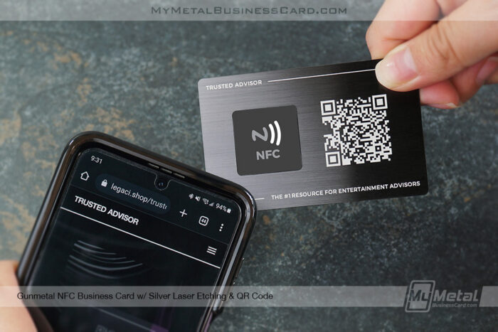 My Metal Business Card | Gunmetal NFC Business Card Silver Laser Etching QR Code Trusted Advisor