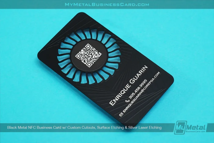Top Business Cards with QR Codes 3 My Metal Business Card | Black Metal NFC Card Cutouts Surface Silver Etch QR Code Sticker Enrique