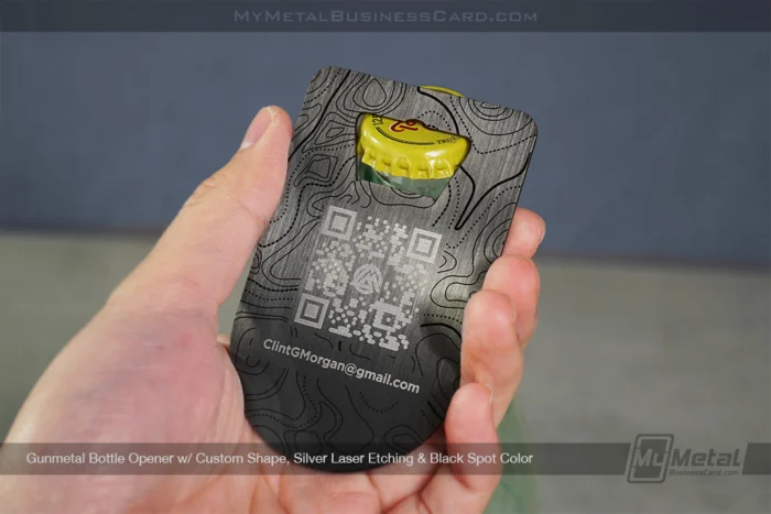 Top Business Cards with QR Codes 7 My Metal Business Card | Gunmetal Bottle Opener Card Custom Shape Etching