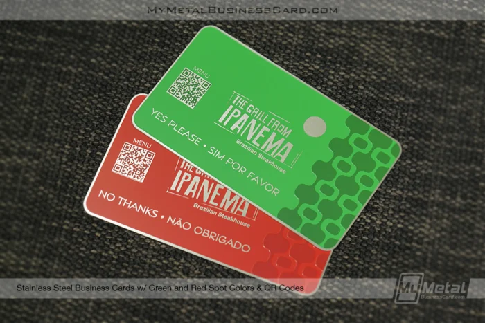 Top Business Cards with QR Codes 11 My Metal Business Card | Stainless Steel Business Cards Green Red QR Codes IPANEMA Restaurant