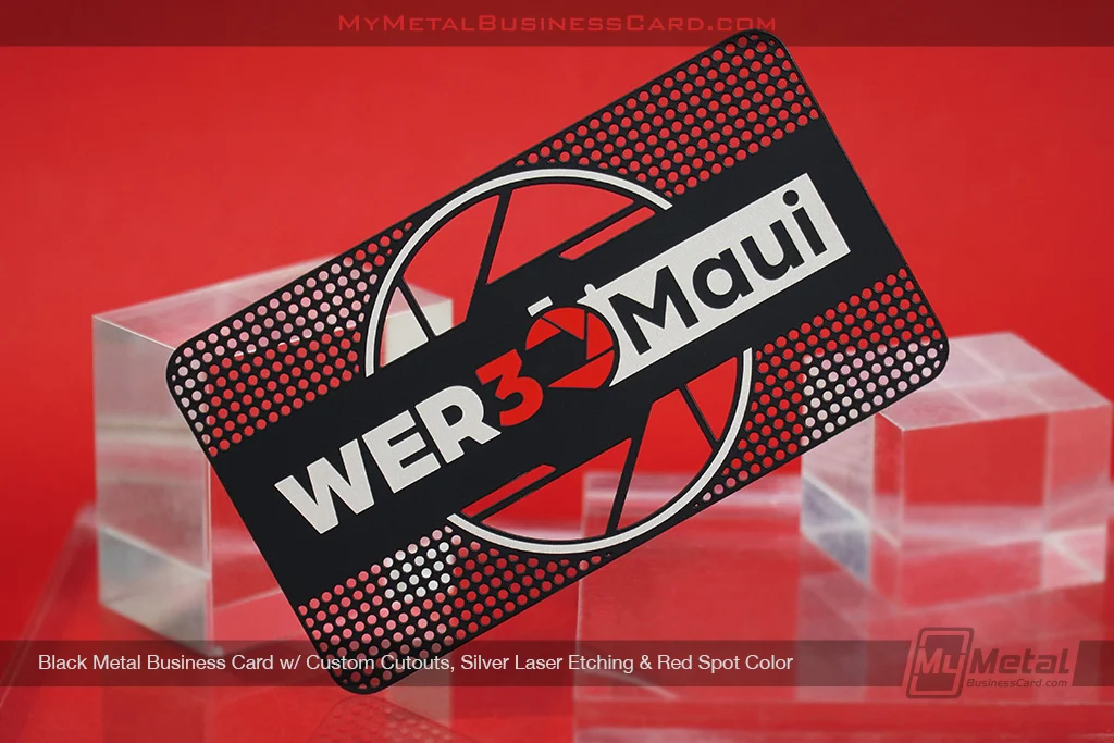 My Metal Business Card |&nbsp;Black Metal Business Card Custom Cutouts Silver Laser Etching Red Spot Color Wer3Maui