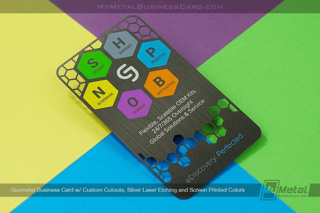 My Metal Business Card |&nbsp;Gunmetal Business Card Custom Cutouts Silver Laser Etching Screen Printed Colors