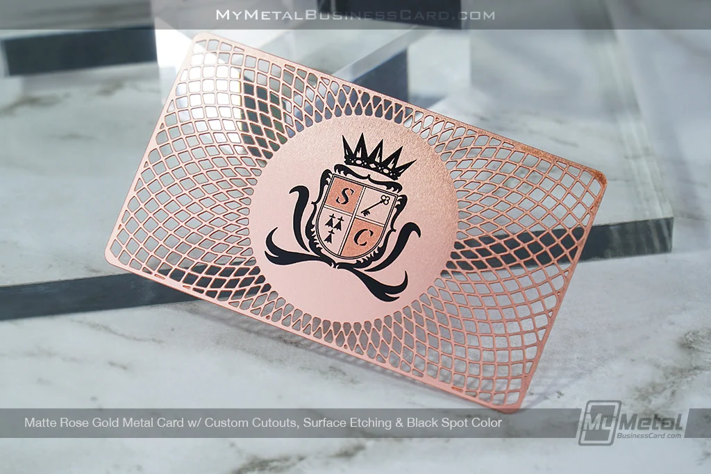 My Metal Business Card |&nbsp;Matte Rose Gold Finish Metal Card Custom Cutout Black Spot Color Etching SC