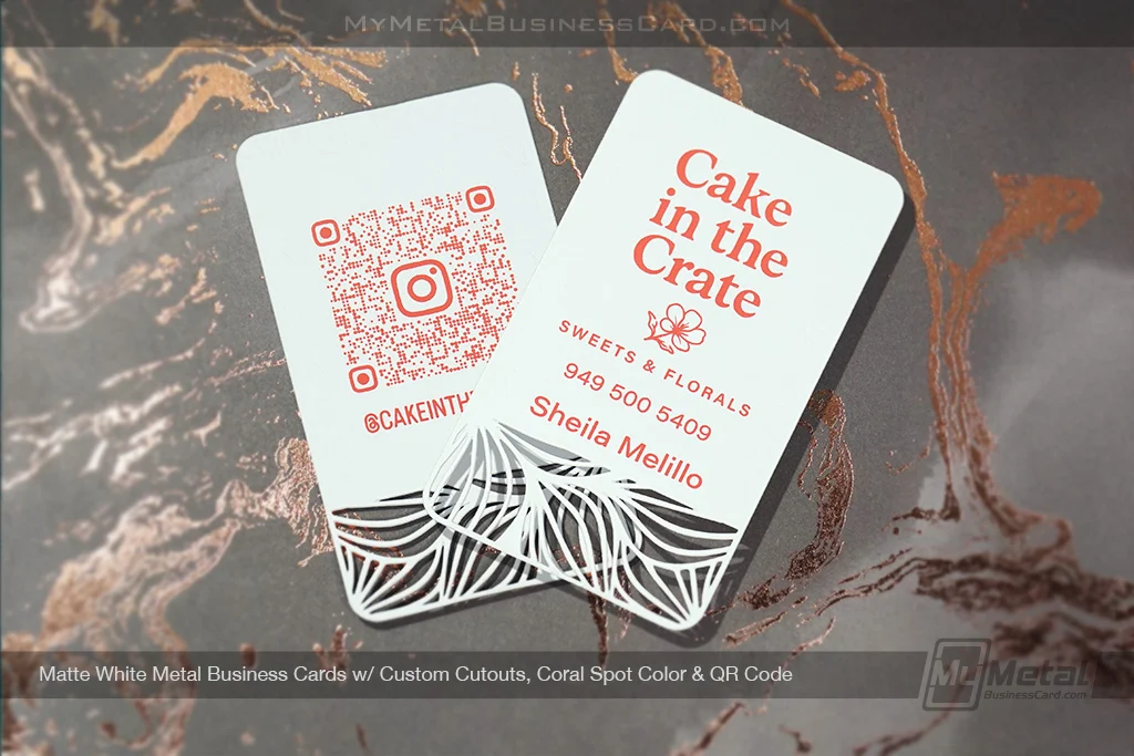 My Metal Business Card |&nbsp;Matte White Metal Business Card Cutouts Coral Color QR Code Cake Crate