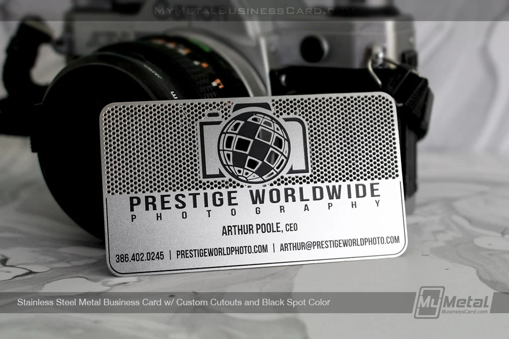 My Metal Business Card |&nbsp;Stainless Steel Custom Metal Business Card with Black Spot Color and Cutout Camera for Photographer