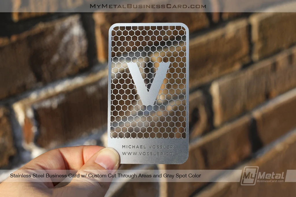 My Metal Business Card |&nbsp;Stainless Steel Metal Business Card With Custom Cutouts And Gray Spot Color 577204