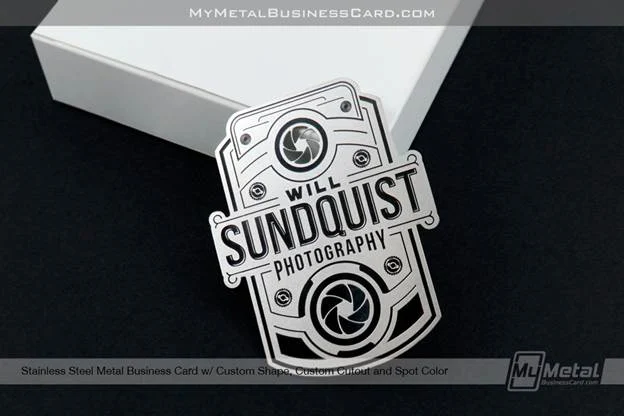 Stainless Steel Metal Business Card old school camera custom shape with cutouts