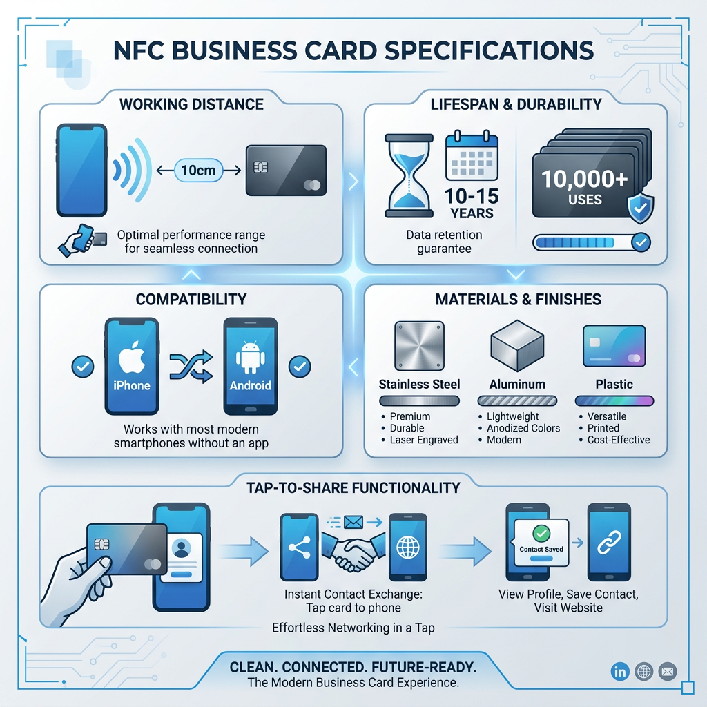 Top 7 NFC Business Card Companies: Materials, Features & Pricing Compared 2 Infographic showing NFC business card specifications and capabilities