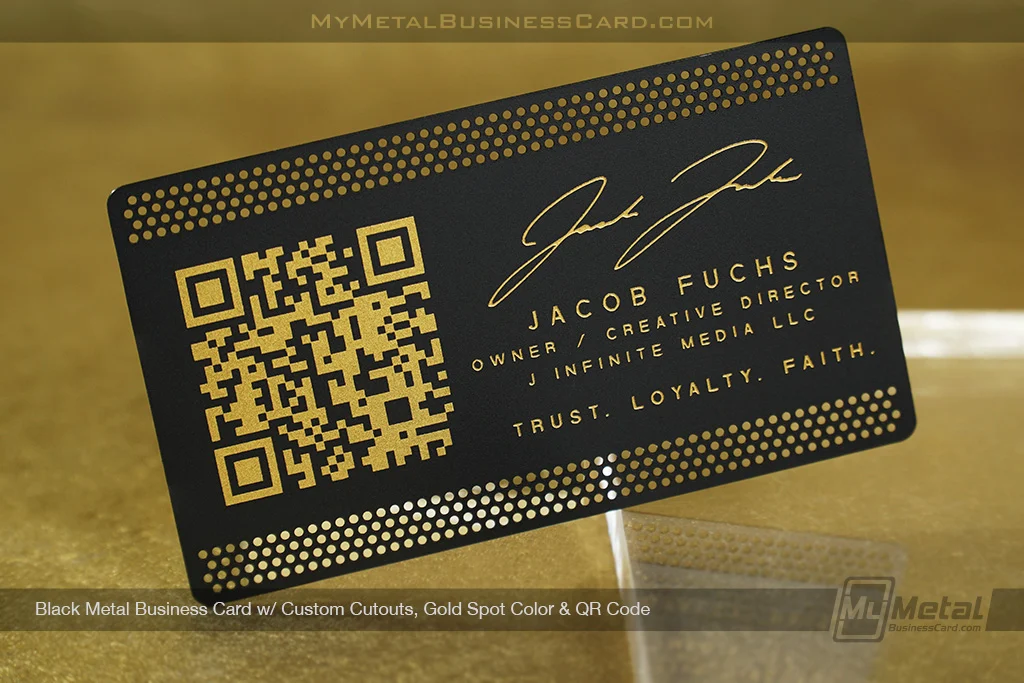 My Metal Business Card |&nbsp;Black Metal Business Card Custom Cutouts Gold Spot Color QR Code Jacob