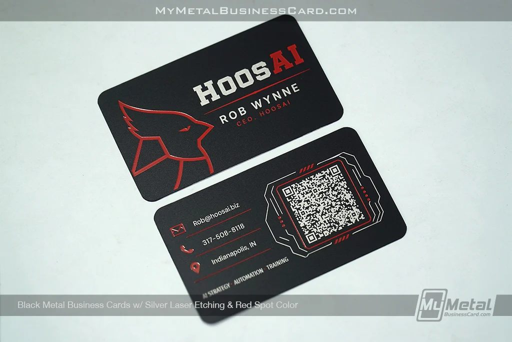 My Metal Business Card |&nbsp;Black Metal Business Cards Silver Etch Red Spot Color HoosAI