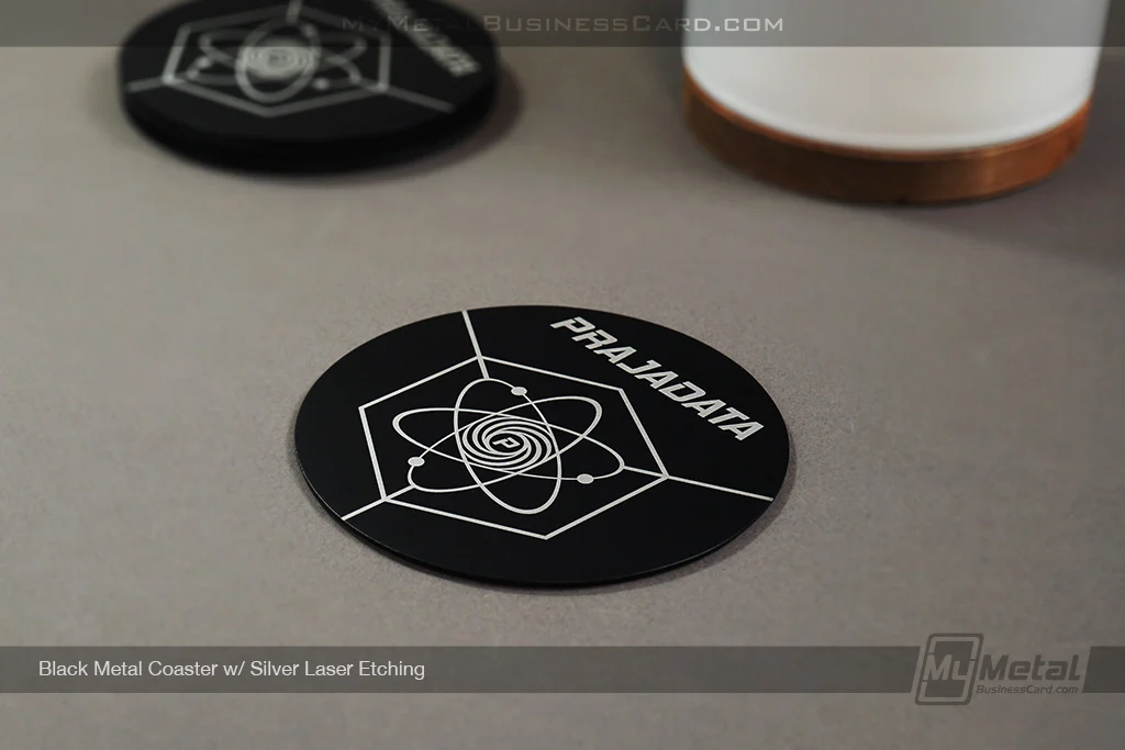 My Metal Business Card |&nbsp;Black Metal Coaster Silver Laser Etching Prajadata