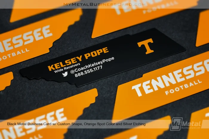 My Metal Business Card |&nbsp;Black Metal Custom Tennessee Shape with Orange Spot Color