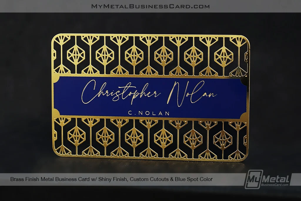 My Metal Business Card |&nbsp;Brass Finish Metal Business Card Shiny Finish Custom Cutouts Blue Spot Color CNolan