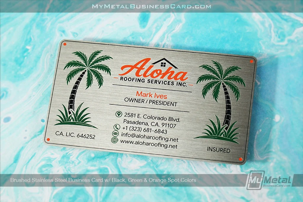My Metal Business Card |&nbsp;Brushed Stainless Steel Business Card Black Green Orange Spot Colors Aloha