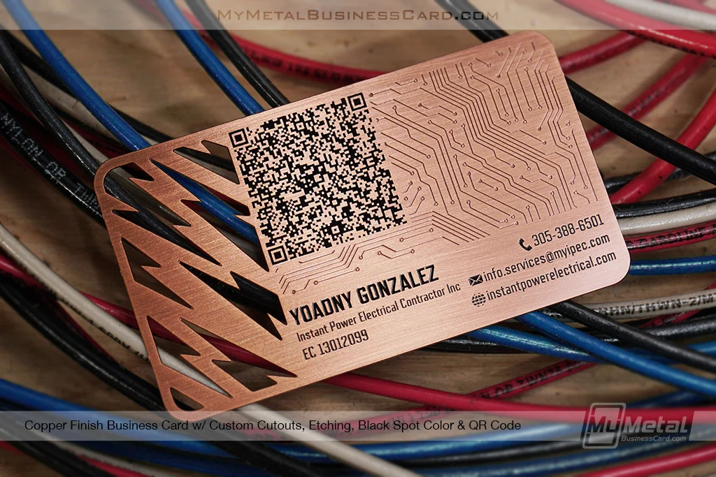 My Metal Business Card |&nbsp;Copper Finish Metal Business Card Custom Cutouts Etching Black Spot Color QR Code Electrical