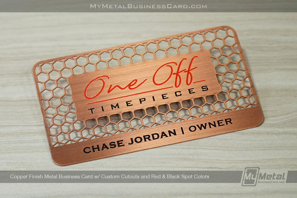 My Metal Business Card |&nbsp;Copper Finish Metal Business Card Custom Cutouts Red Black Spot Colors One Off