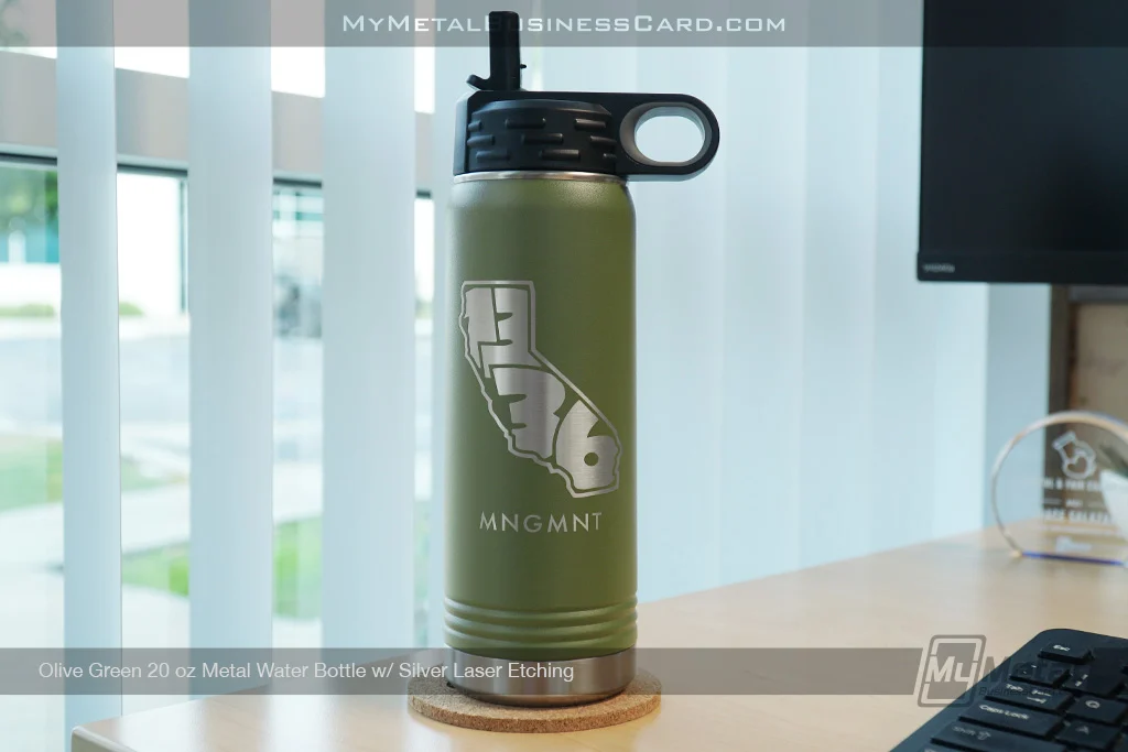 My Metal Business Card |&nbsp;Olive Green 20 oz Metal Water Bottle Silver Laser Etching 1336