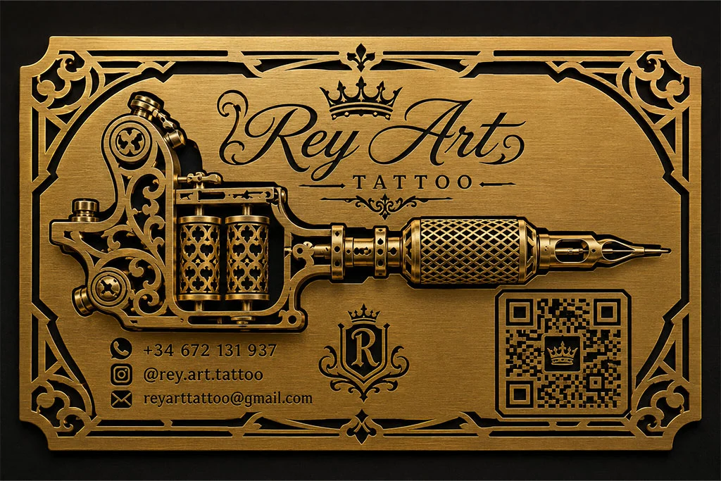 My Metal Business Card |&nbsp;Shiny Brass Business Card Cutouts Etching Black Gold Color QR Code Rey Art Tattoo AI