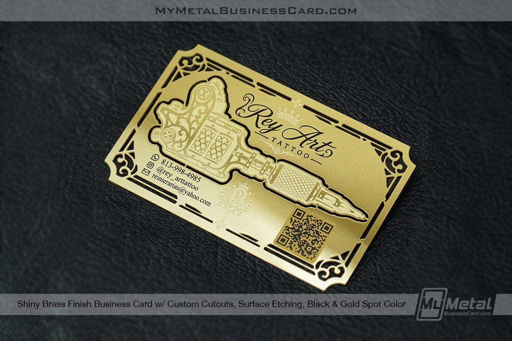 My Metal Business Card |&nbsp;Shiny Brass Business Card Cutouts Etching Black Gold Color QR Code Rey Art Tattoo