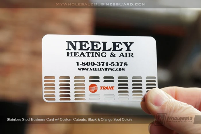 My Metal Business Card |&nbsp;Stainless Steel Business Card Custom Cutouts Black Orange Spot Colors Neeley