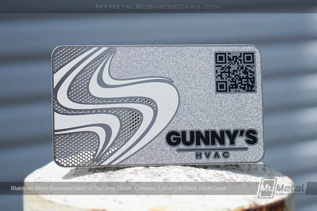 My Metal Business Card |&nbsp;Stainless Steel Business Card Textured Finish Cutouts Etching Black Spot Color QR Code Gunny