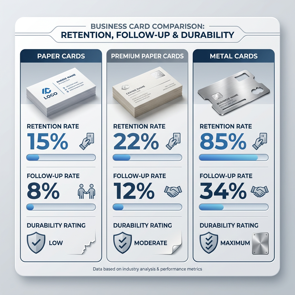 Professional infographic comparing durability statistics of paper vs metal business cards across different metrics