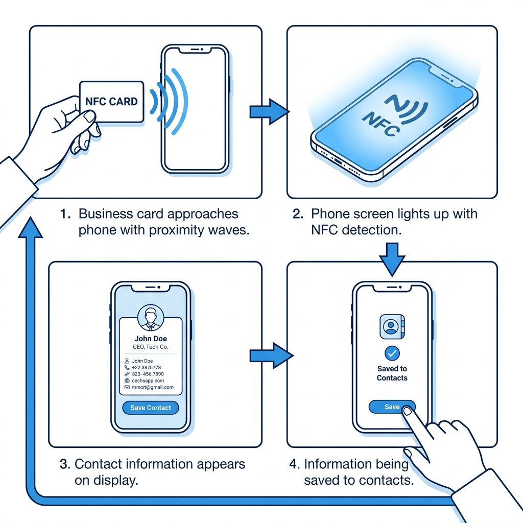 Top 7 NFC Business Card Companies: Materials, Features & Pricing Compared 4 Process diagram showing how NFC business cards work from tap to contact sharing