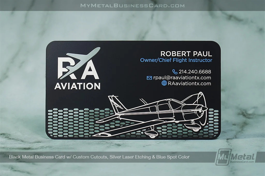 My Metal Business Card |&nbsp;Black Metal Business Card Cutouts Silver Etch Blue Color RA Aviation 1