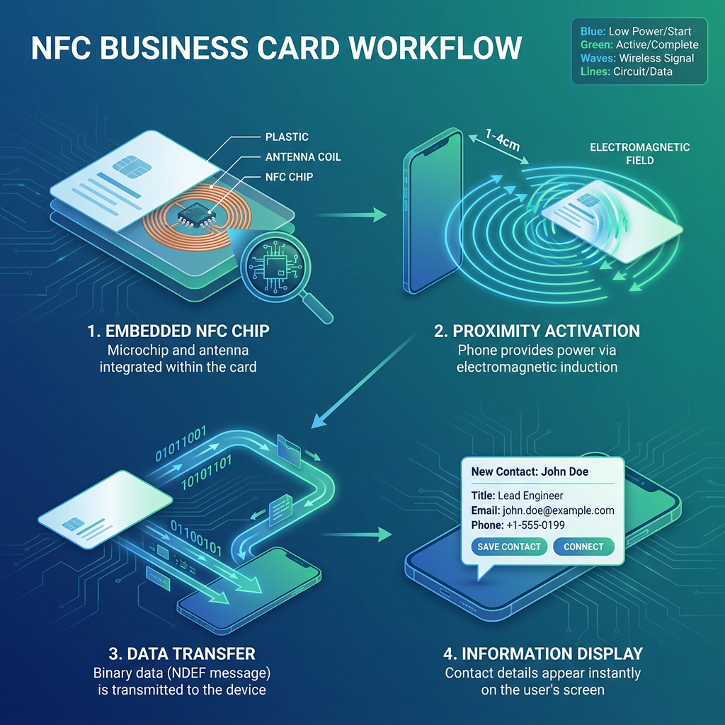NFC vs QR Code Business Cards: Which Digital Option Is Best for Your Business? 4 Process flow diagram showing how NFC technology works in business cards