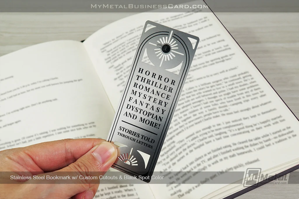 How Epistolary Uses Custom Metal Bookmarks to Create a Reader Experience Worth Remembering 5 My Metal Business Card | Stainless Steel Bookmark Custom Cutouts Black Color Case Study
