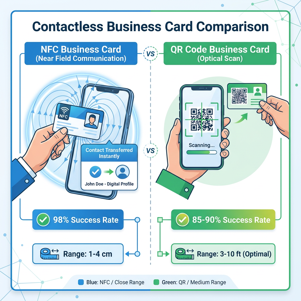 NFC vs QR Code Business Cards: Which Digital Option Is Best for Your Business? 2 Visual comparison diagram showing NFC vs QR code scanning process side-by-side