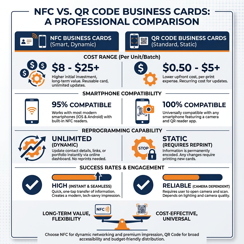 NFC vs QR Code Business Cards: Which Digital Option Is Best for Your Business? 3 Infographic comparing key features and costs of NFC vs QR code business cards