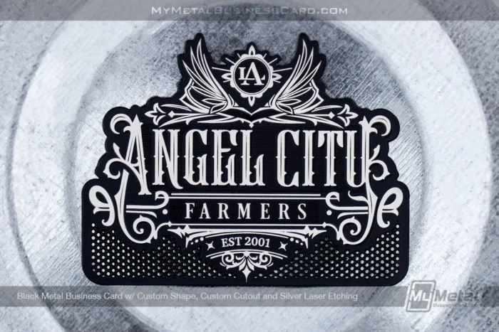 My Metal Business Card |&nbsp;Black Metal Business Card Custom Shape Custom Cutout Silver Laser Ecthing Angels Farming