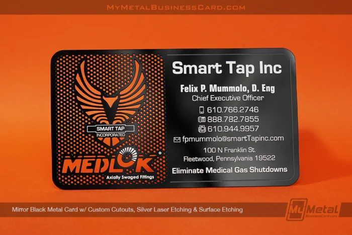 My Metal Business Card |&nbsp;Mirror Black Metal Card Cutout Silver Etch Surface Etch MedLok