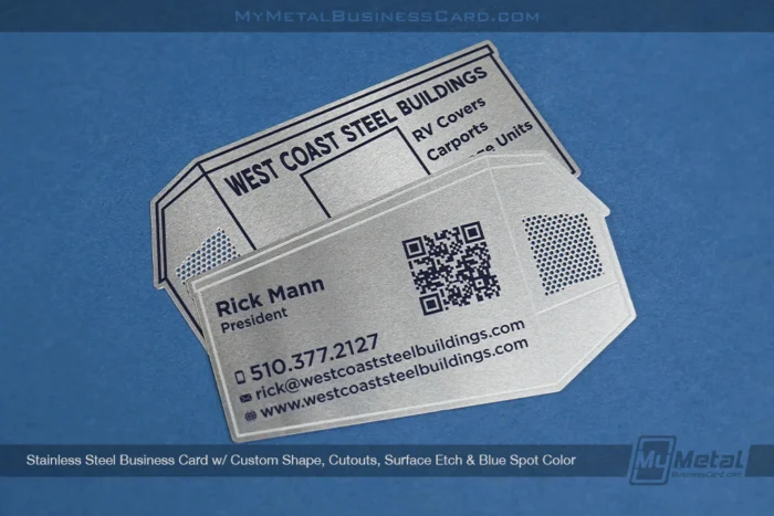 My Metal Business Card |&nbsp;Stainless Steel Business Card Custom Shape Cutouts Surface Etch Blue Color QR Code Steel Buildings