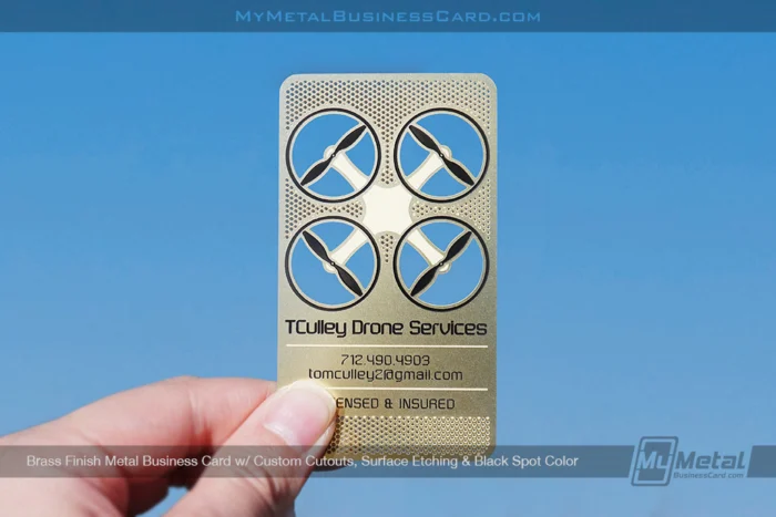 My Metal Business Card |&nbsp;Brass Finish Metal Business Card Custom Cutouts Surface Etching Black Spot Color Drone