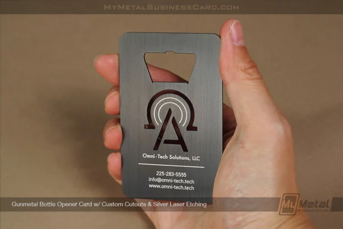 My Metal Business Card |&nbsp;Gunmetal Bottle Opener Card Cutouts Silver Etching Omni Tech