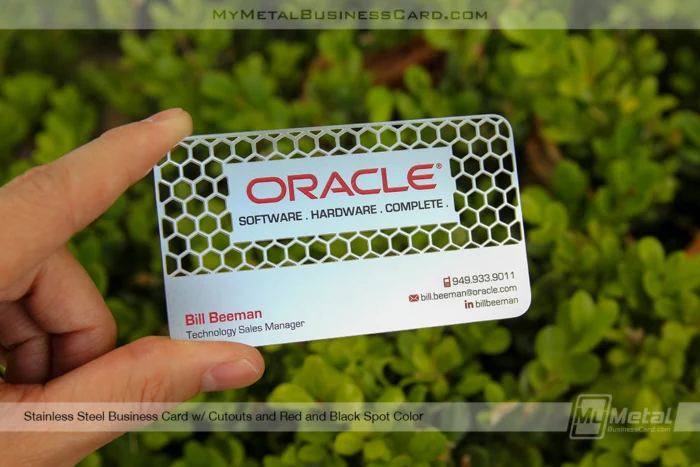 My Metal Business Card |&nbsp;Stainless Steel Metal Business Card With Cutout Honeycomb Pattern With Red 22490